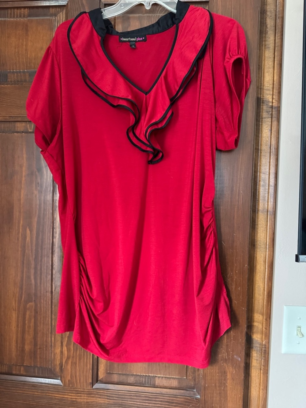 HeartSoul Red V-Neck Ruffle Short Sleeve Tunic with Black Trim